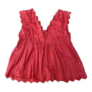 Lucky Brand Eyelet Lace Peasant Top Red Medium Romantic Boho Fairy Feminine